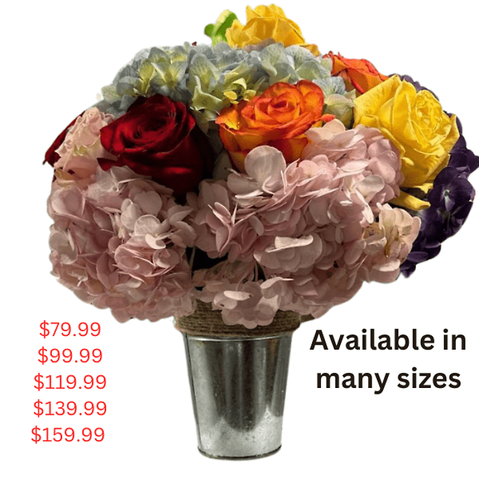 Rose and Hydrangea Special in tin with rope